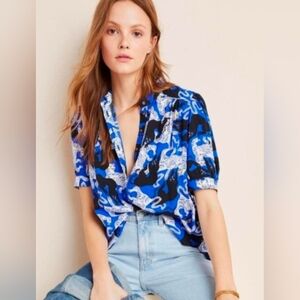 ANTHROPOLOGIE Emily Isabella Blue Black Panther Print Blouse